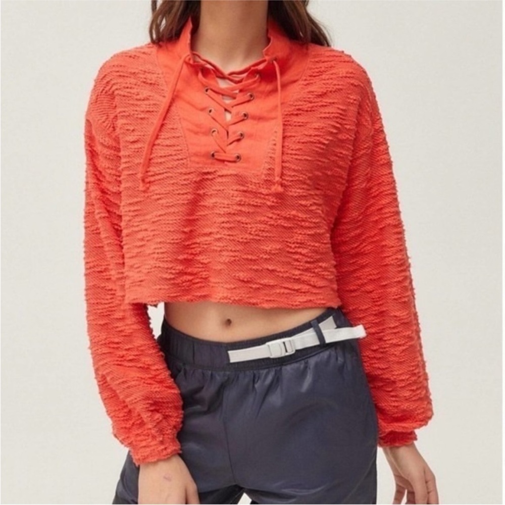 Urban Outfitters Textured Orange Lace-Up Cropped Pullover Sweater M